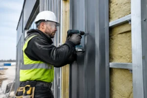 Ouvrier installant un bardage métallique isolé sur la façade d'un bâtiment moderne en construction