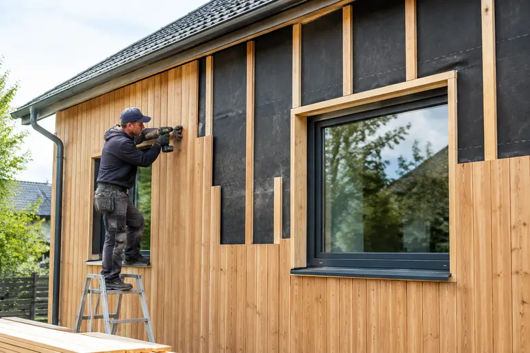 Chantier de bardage extérieur nécessitant une vérification préalable des règles du PLU.
