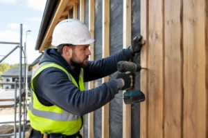 Un artisan fixe des tasseaux en bois pour la pose d'un bardage réglementation conforme aux normes sur un chantier.
