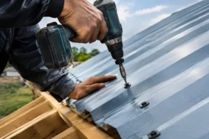 Gros plan sur la pose de vis et la fixation d'une toiture avec combien de vis par tôle ondulée