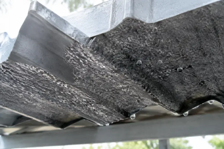 Gouttes de condensation perlant sur la sous-face d'une tôle de toiture en bac acier