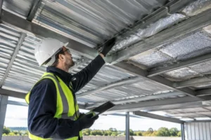 artisan inspectant l'isolation et la condensation sous bac acier dans un entrepôt