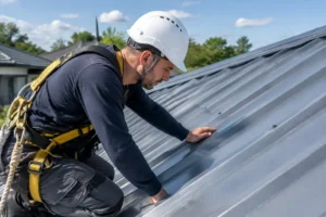 Un artisan inspecte l'état général et la durée de vie bac acier d'une toiture métallique.