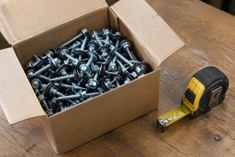 Boîte de fixations pour bac acier et ruban de mesure sur un établi