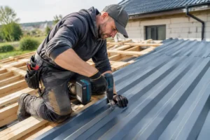 Pose de fixation bac acier sur une charpente en bois avec une visseuse électrique par un artisan