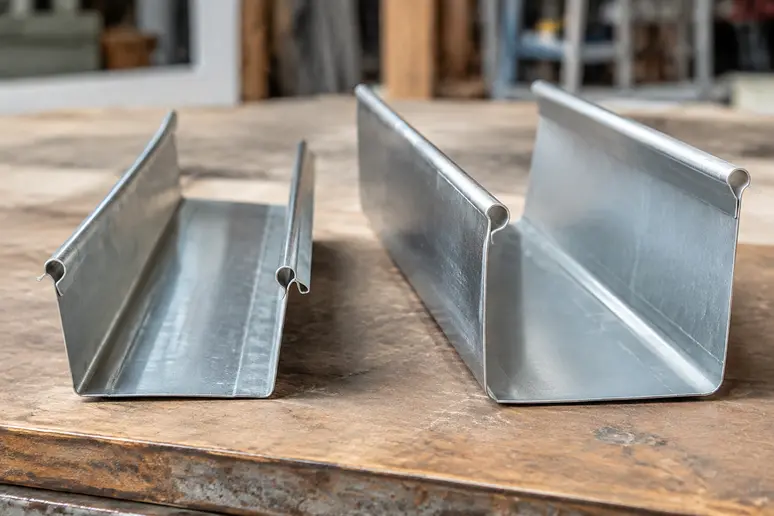 Comparaison de profils de gouttière zinc 25/80 et 33/100 sur un établi