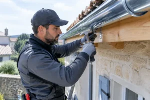 Artisan poseur fixant une gouttière zinc sur le toit d'une maison individuelle