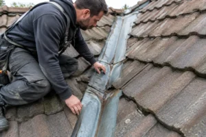 Un artisan couvreur inspecte une noue toiture endommagée sur un toit résidentiel en tuiles.