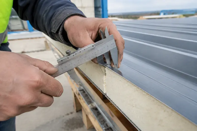 Mesure de l'épaisseur d'un panneau sandwich de toiture sur un chantier