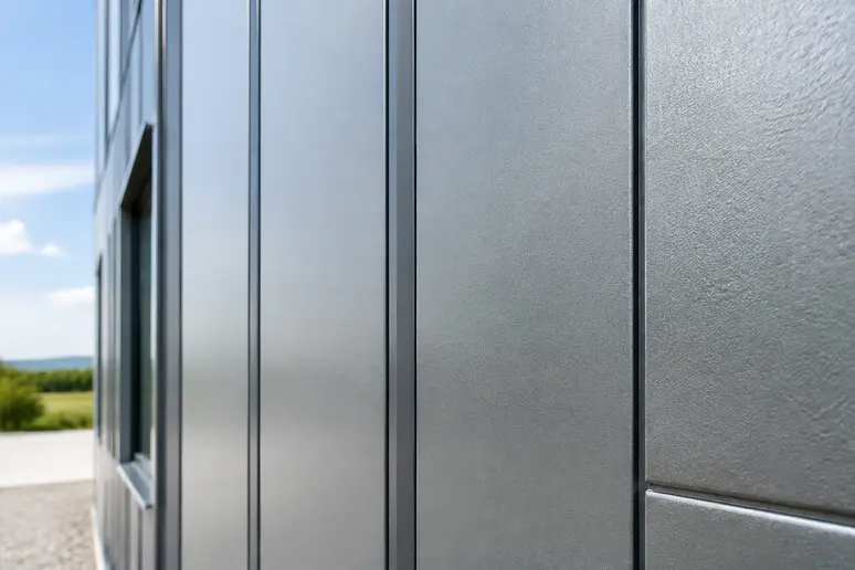 Panneau sandwich de bardage métallique installé en façade d'un bâtiment moderne