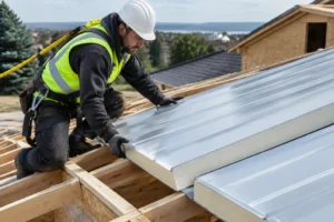 Ouvrier installant des panneaux sandwich prix pour toiture sur un chantier de construction