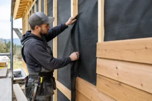 installation professionnelle d'un pare-pluie bardage sur l'ossature bois d'une maison en construction