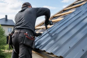 Pose d'une tôle bac acier de toiture sur un chantier de rénovation